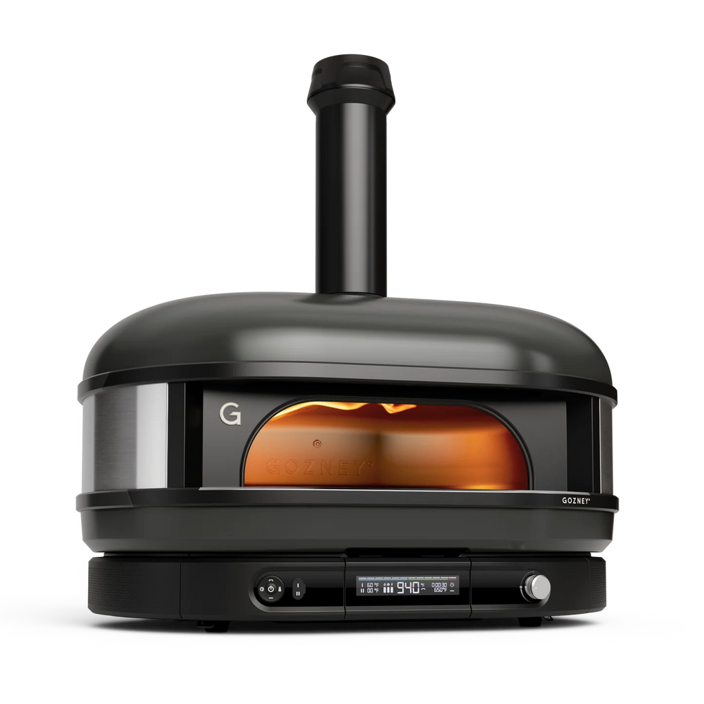 Gozney Dome XL Gen 2 pizza oven in Off-Black with wood chimney and digital display